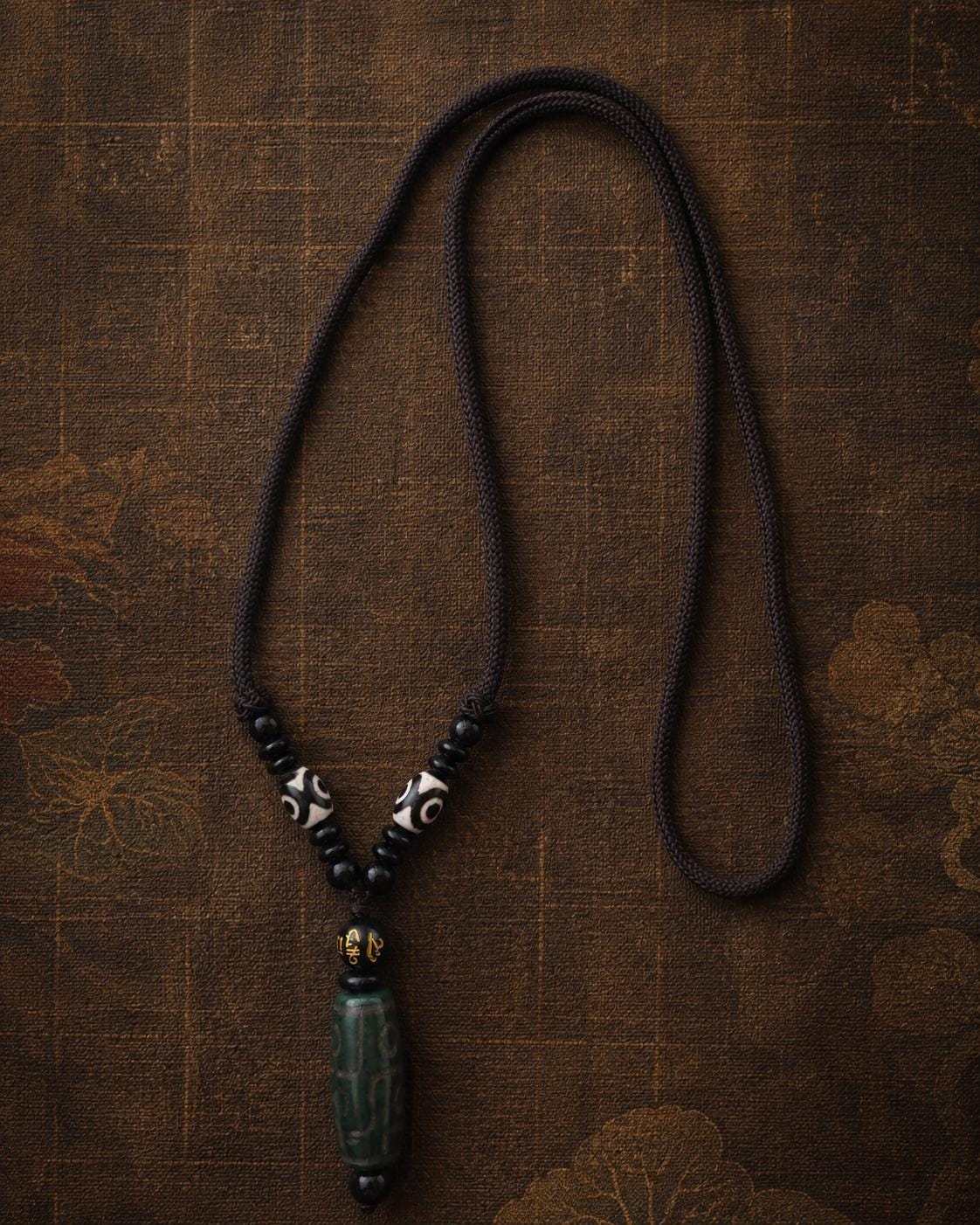 Tibetan Nine-Eye Dzi Agate Pendant | Green Stone Amulet Necklace