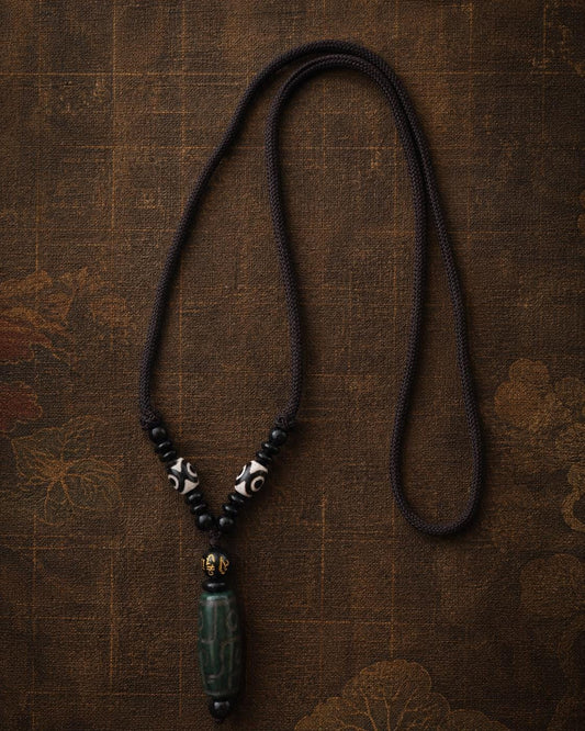Tibetan Nine-Eye Dzi Agate Pendant | Green Stone Amulet Necklace