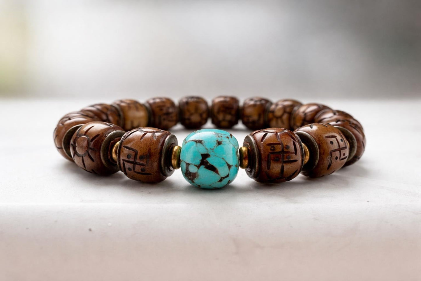 Vintage Tibetan Yak Bone Bracelet – Carved Barrel Beads with Turquoise