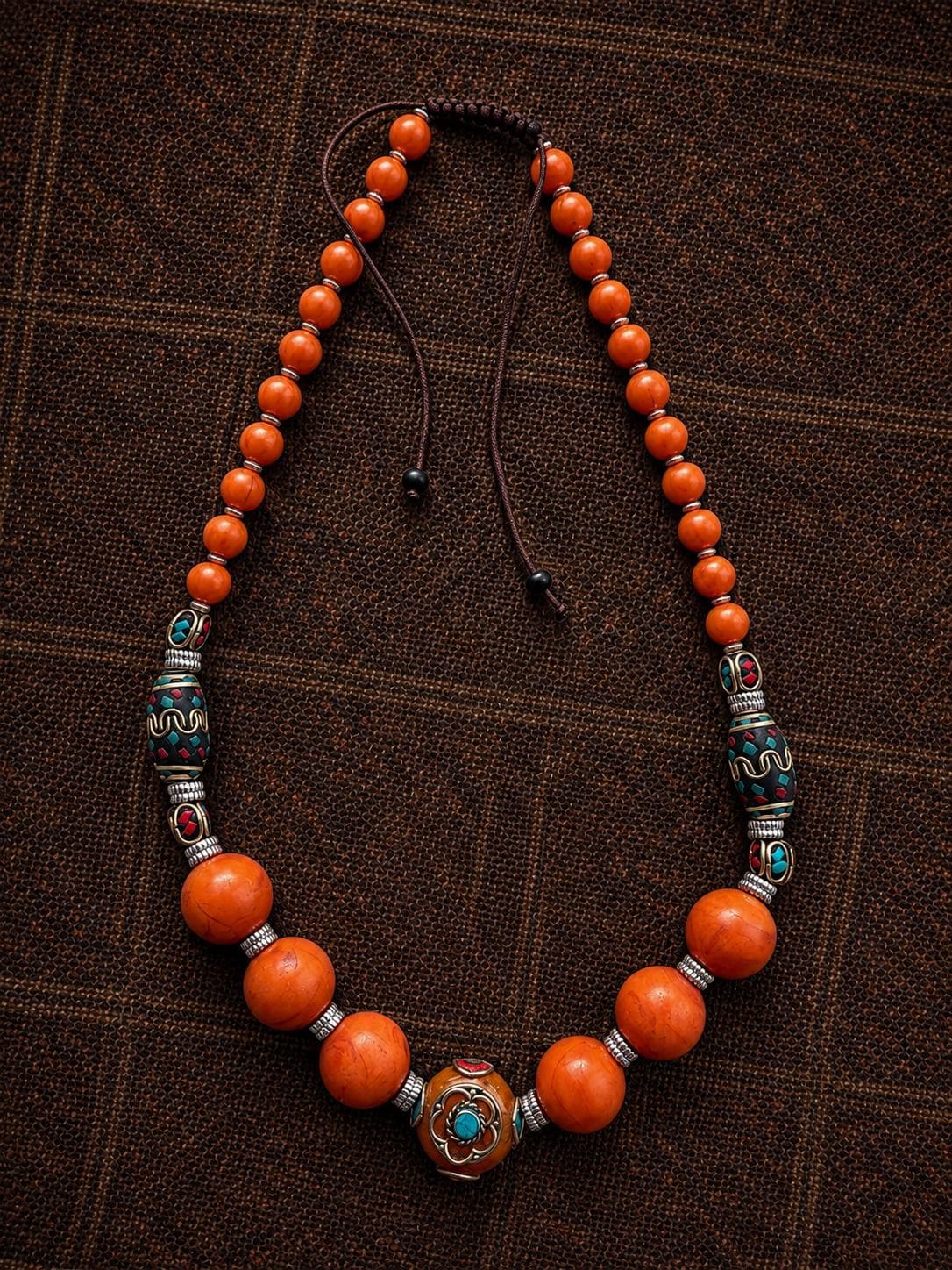 Tibetan Nepalese Coral Bead Necklace, Ethnic Handmade Statement Necklace, Turquoise Inlay Boho Jewelry
