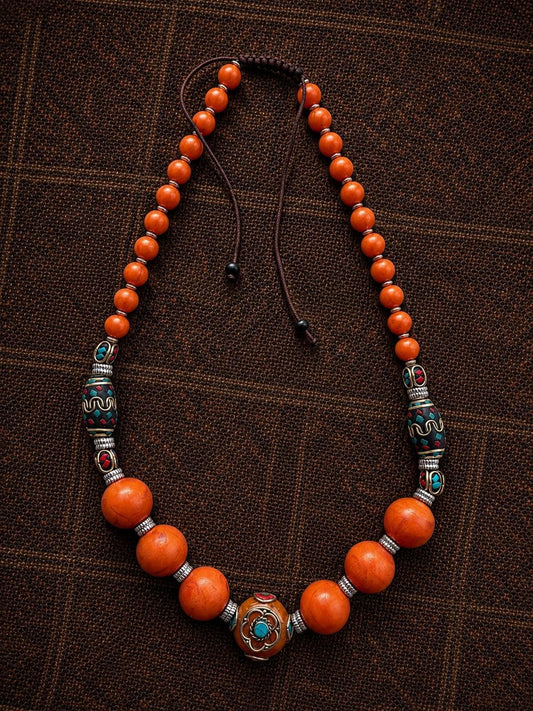 Tibetan Nepalese Coral Bead Necklace, Ethnic Handmade Statement Necklace, Turquoise Inlay Boho Jewelry