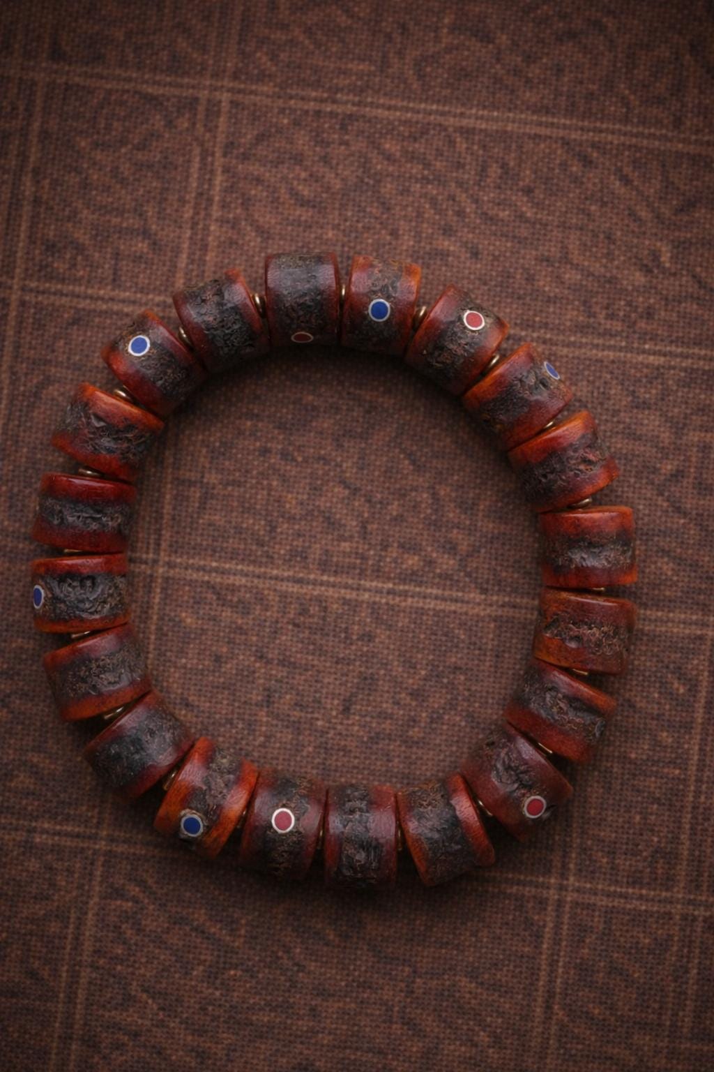 Tibetan Yak Bone Multi-Inlay Barrel Bead Bracelet – Vintage Style Unisex Spiritual Jewelry