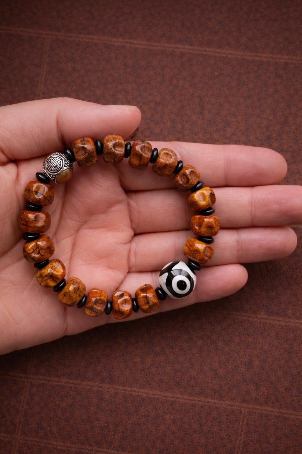 Three-Eye Dzi Bracelet – Tibetan Style Yak Bone Beaded Protection Jewelry