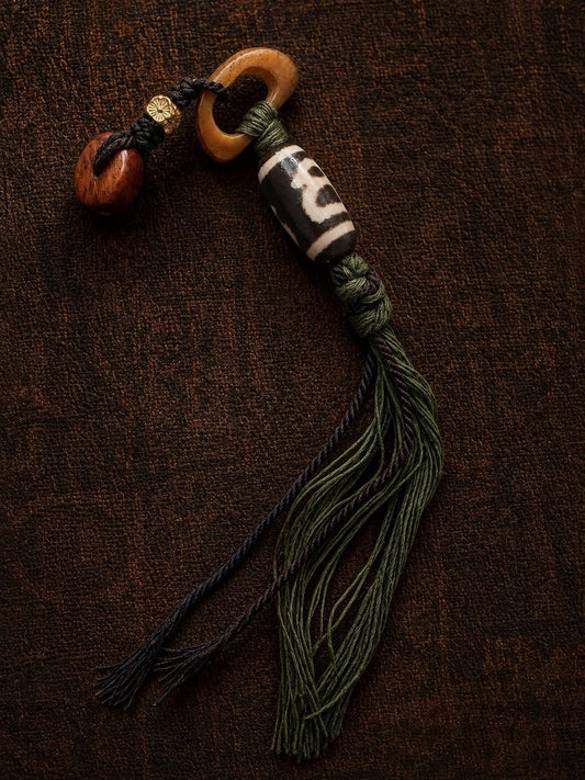 Handcrafted Tibetan Dzi Bead Tassel Keychain / Bag Charm
