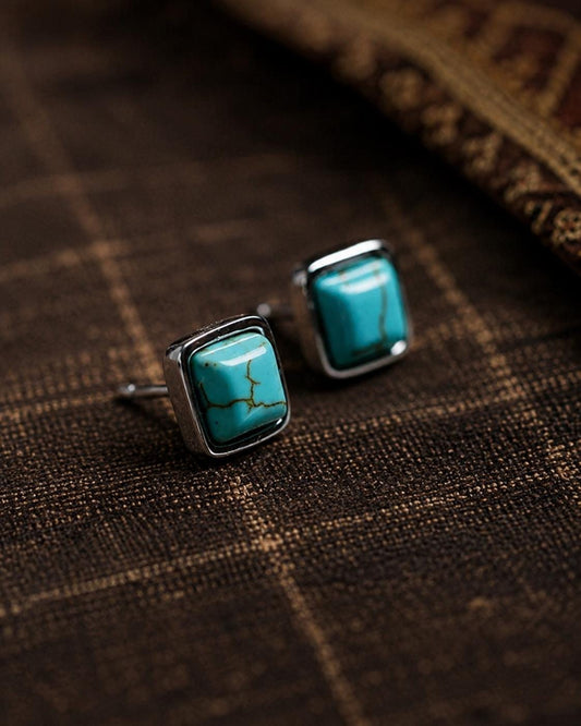 Silver Plated Turquoise Stud Earrings, Vintage Tibetan Style Boho Jewelry