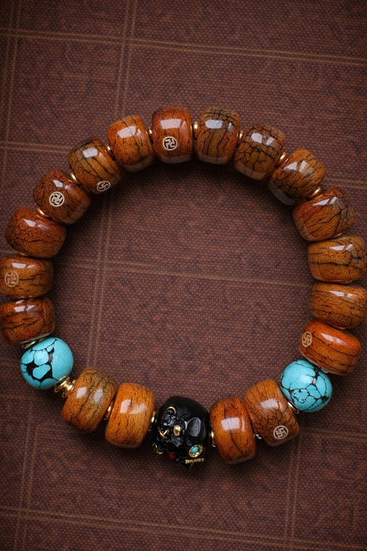Two Turquoise Beads Tibetan Yak Bone Bracelet – Vintage Barrel Beads with Brass Inlay
