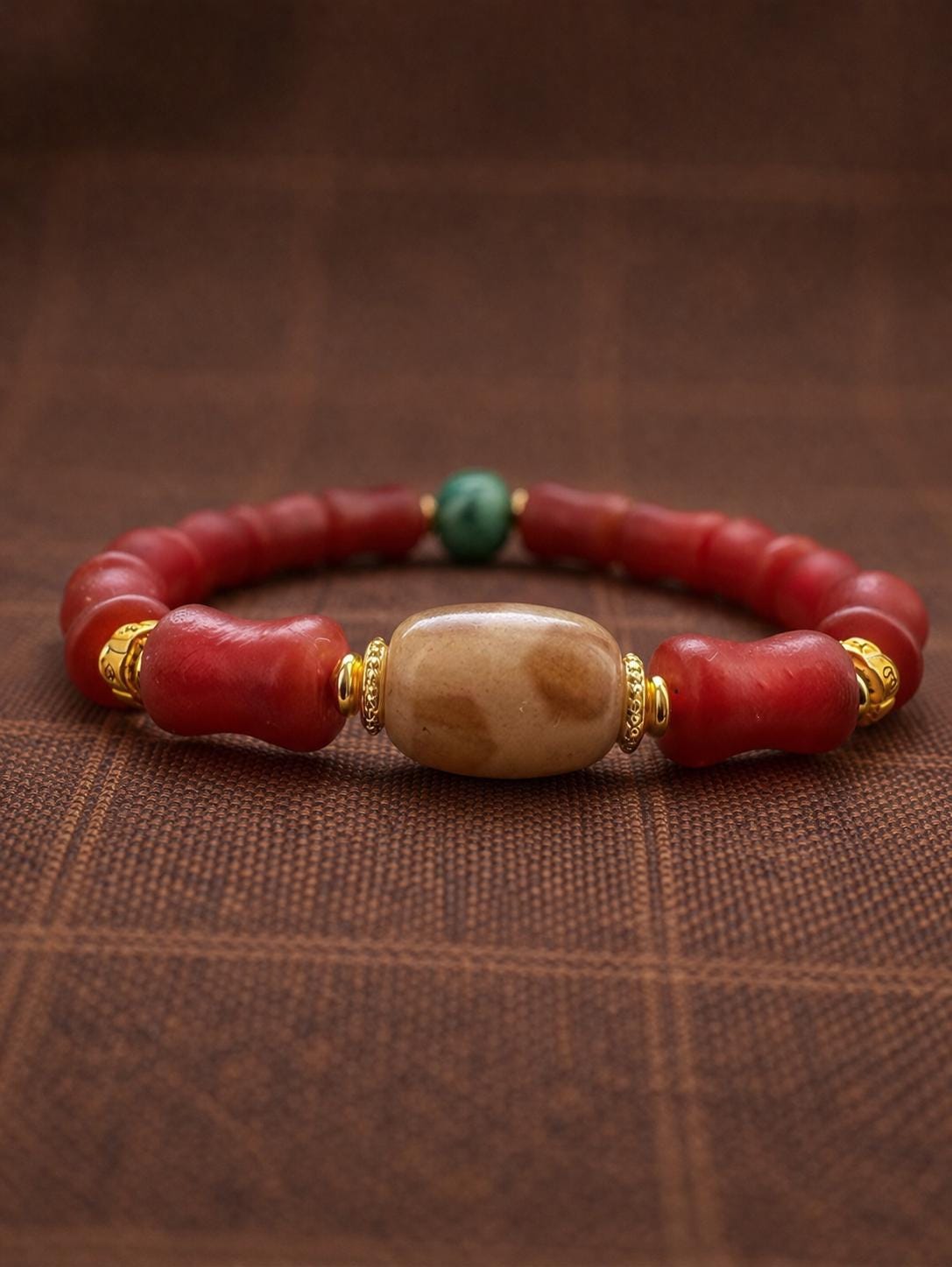 Handmade Red Agate Bracelet with Dzi Bead and Turquoise – Tibetan Style Beaded Jewelry