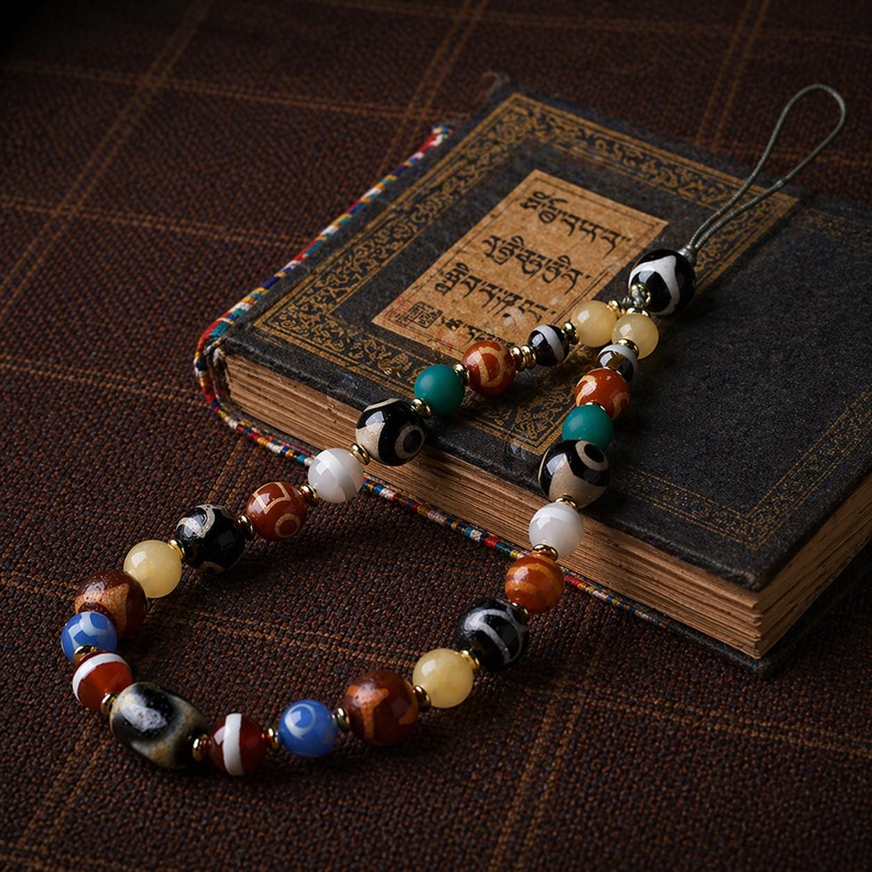 Tibetan Dzi Agate Phone Charm – Multi Gem Beaded Strap | Handmade Lucky Amulet