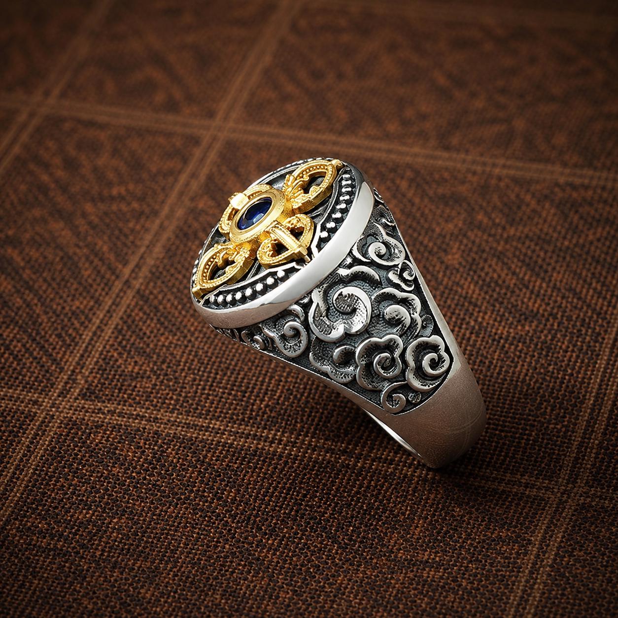 Tibetan Vajra Ring, Blue Agate Dorje Cross, Silver-Plated Wide Band Adjustable