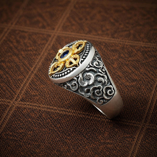 Tibetan Vajra Ring, Blue Agate Dorje Cross, Silver-Plated Wide Band Adjustable