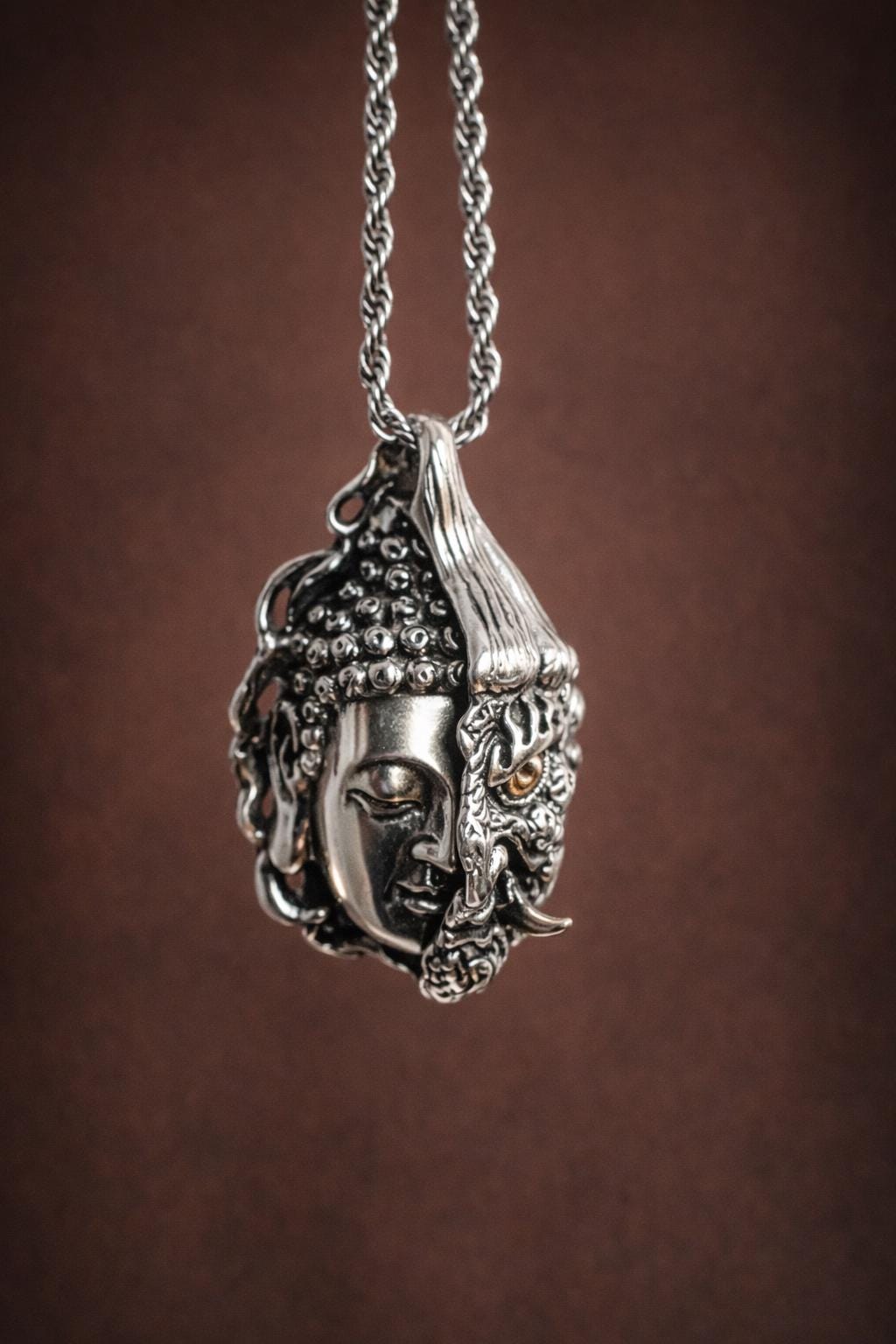 One Thought Buddha Demon Pendant – Silver Plated Necklace, Vintage Buddhist Protection Jewelry
