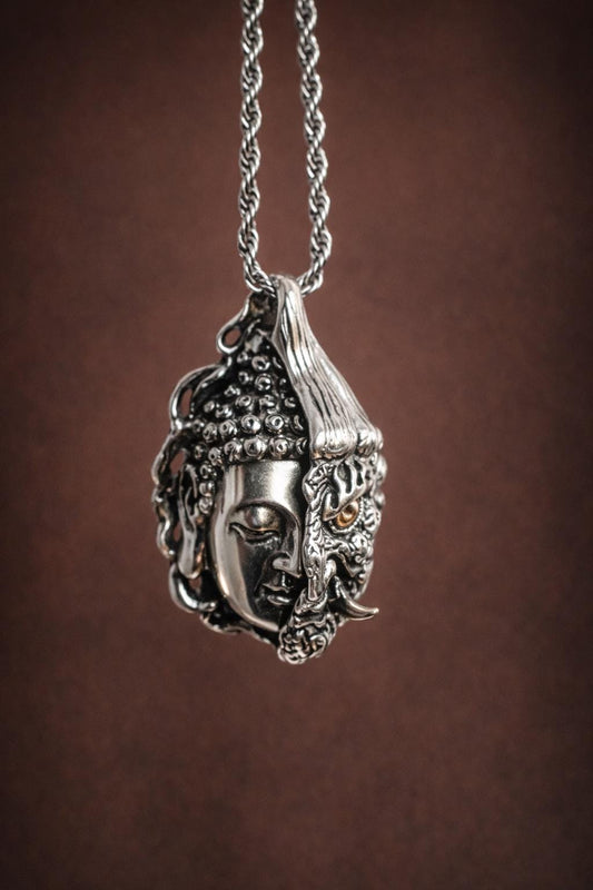 One Thought Buddha Demon Pendant – Silver Plated Necklace, Vintage Buddhist Protection Jewelry