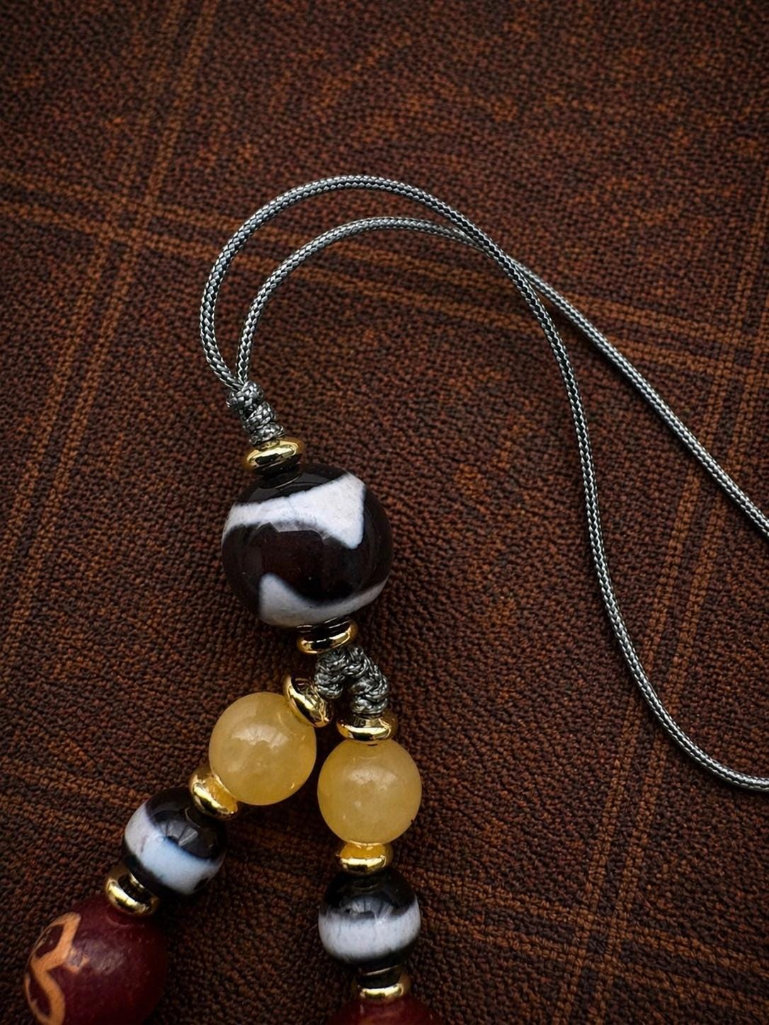 Tibetan Dzi Agate Phone Charm – Multi Gem Beaded Strap | Handmade Lucky Amulet