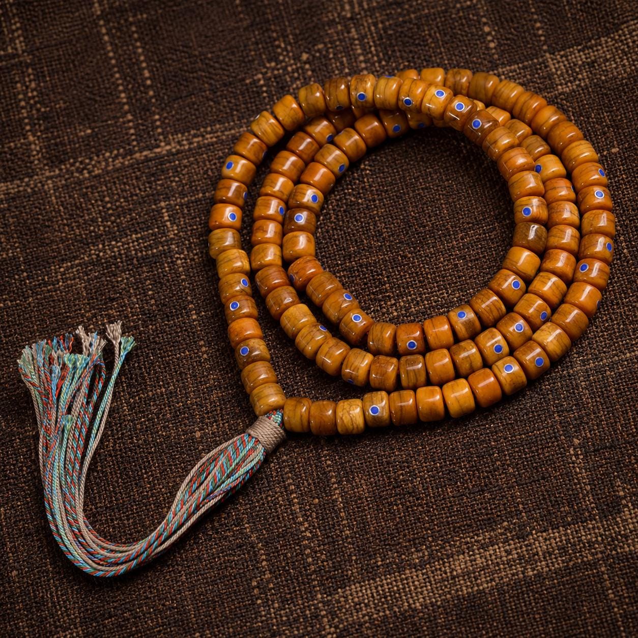 Tibetan Yak Bone Lapis Inlay 108 Mala Bracelet, Handmade Barrel Bead Prayer Beads, Ethnic Tassel Necklace