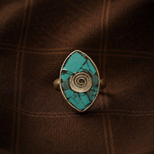 Turquoise Teardrop Adjustable Ring, Tibetan-Inspired Handmade Ring