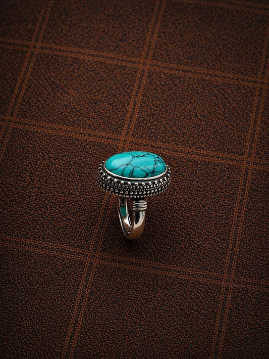 Vintage Tibetan-Style Turquoise Ring – Silver-Plated Statement Ring | Handmade Ethnic Jewelry