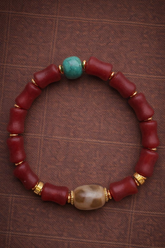 Handmade Red Agate Bracelet with Dzi Bead and Turquoise – Tibetan Style Beaded Jewelry