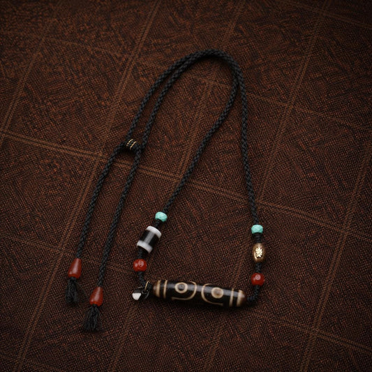 Natural Agate Three-Eye Dzi Bead Pendant Necklace, Tibetan-Inspired Braided Rope Jewelry