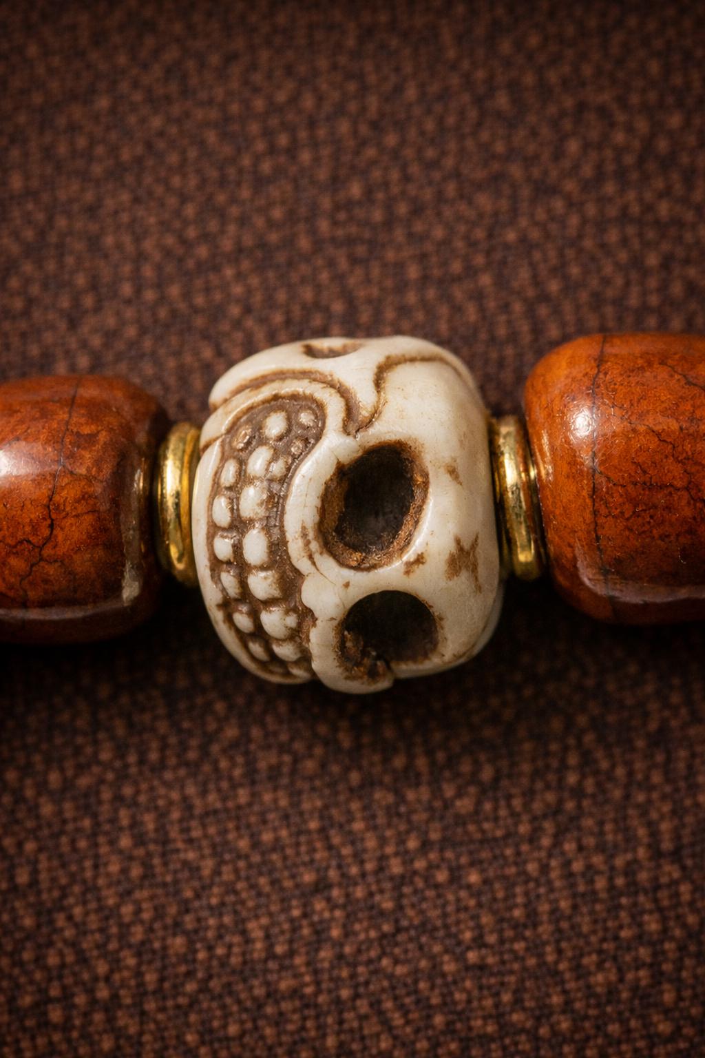 Yak Bone Skull & Dzi Bead Bracelet – Tibetan Vintage Amulet | Handmade Protection Jewelry