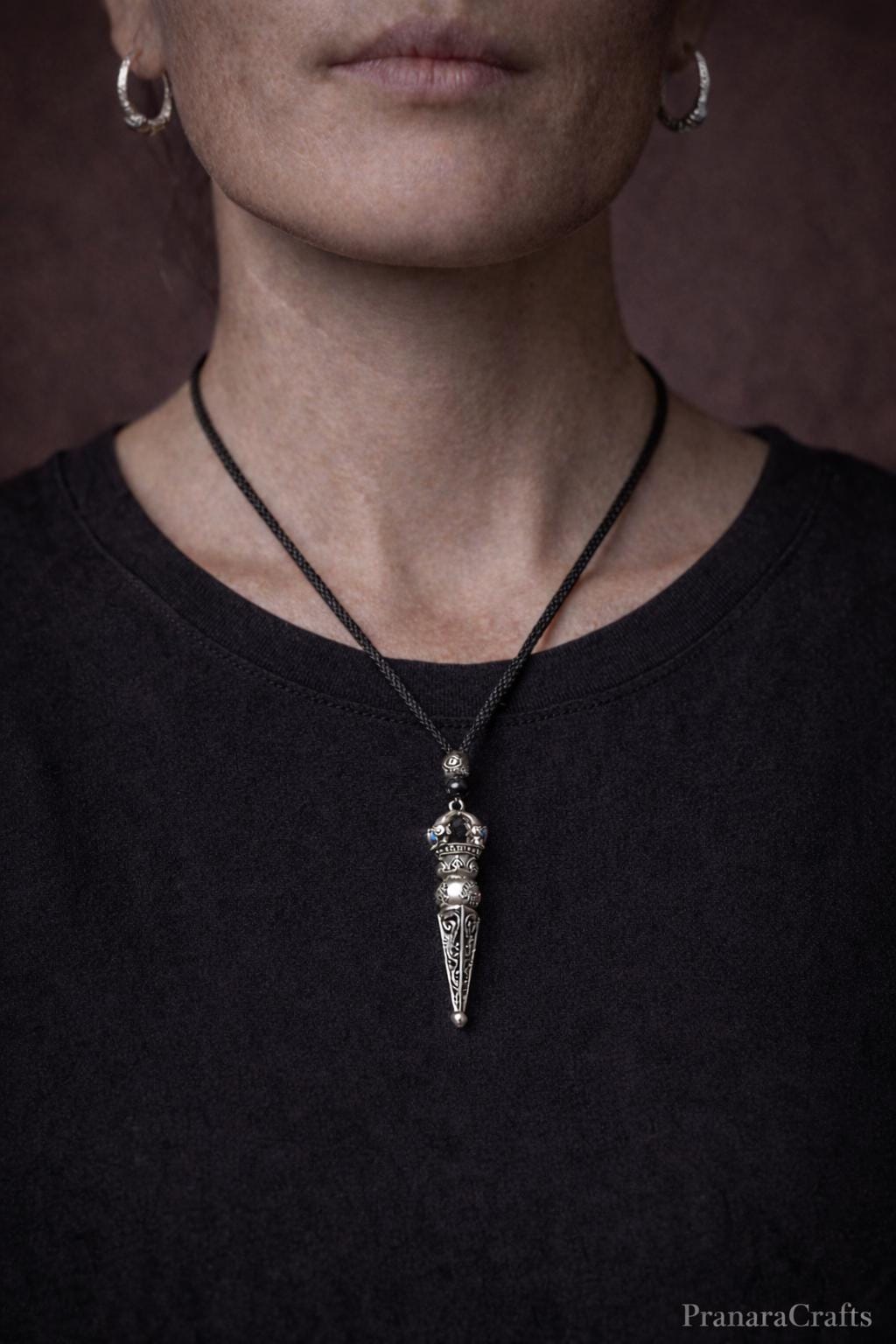 Vintage Silver Plated Pendant Necklace, Tibetan Style Phurba Charm