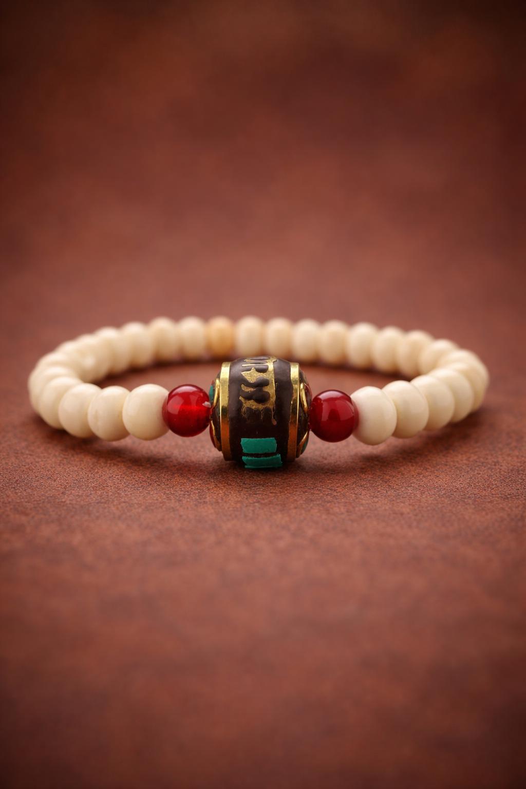 Slim Tibetan-Style Yak Bone Bracelet – Turquoise & Copper Bead Unisex Bracelet