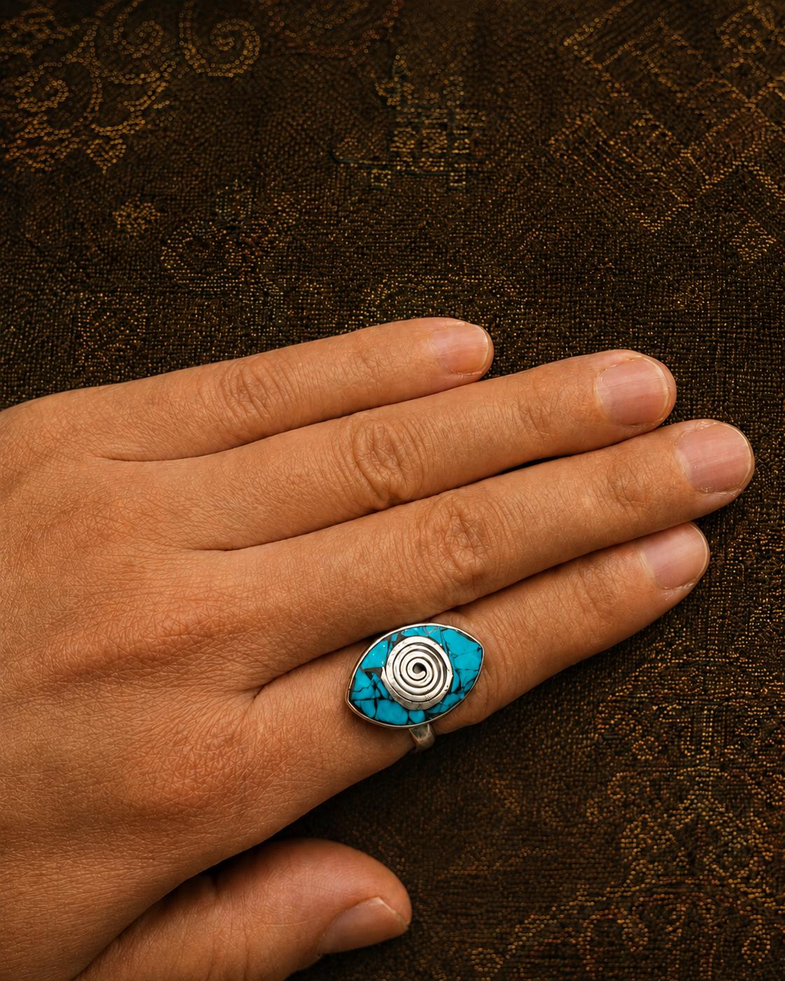 Turquoise Teardrop Adjustable Ring, Tibetan-Inspired Handmade Ring