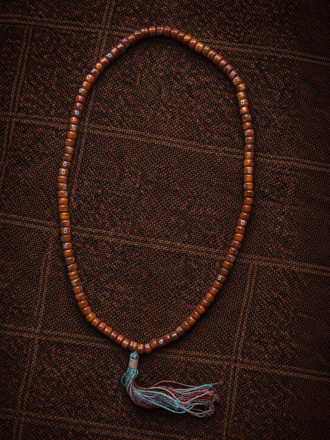 Tibetan Yak Bone Lapis Inlay 108 Mala Bracelet, Handmade Barrel Bead Prayer Beads, Ethnic Tassel Necklace
