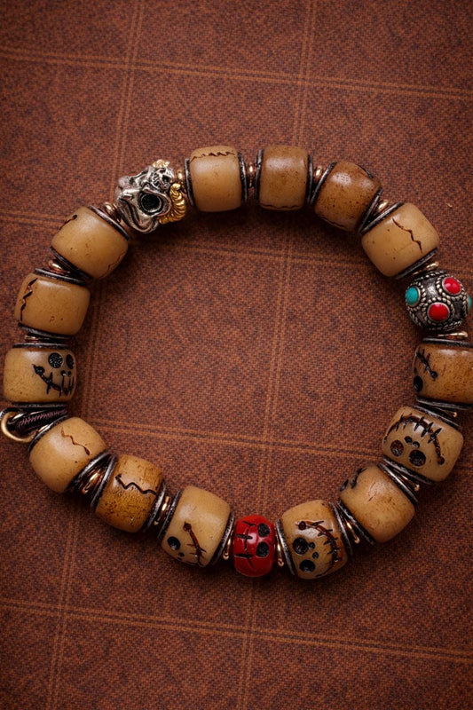 Vintage Tibetan Yak Bone Bracelet – Carved A-Dai Style Barrel Beads with Silver-Tone Inlay