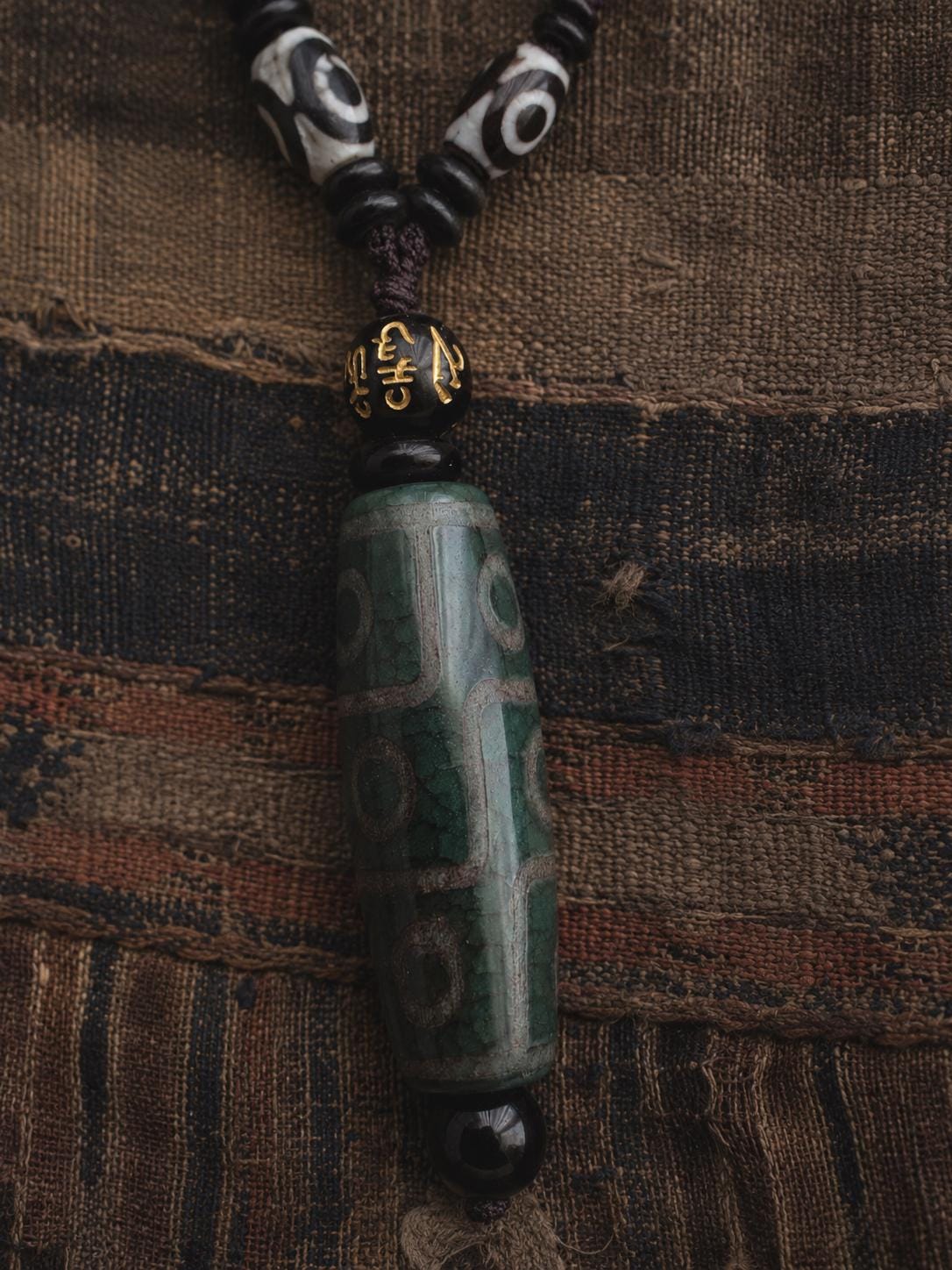 Tibetan Nine-Eye Dzi Agate Pendant | Green Stone Amulet Necklace