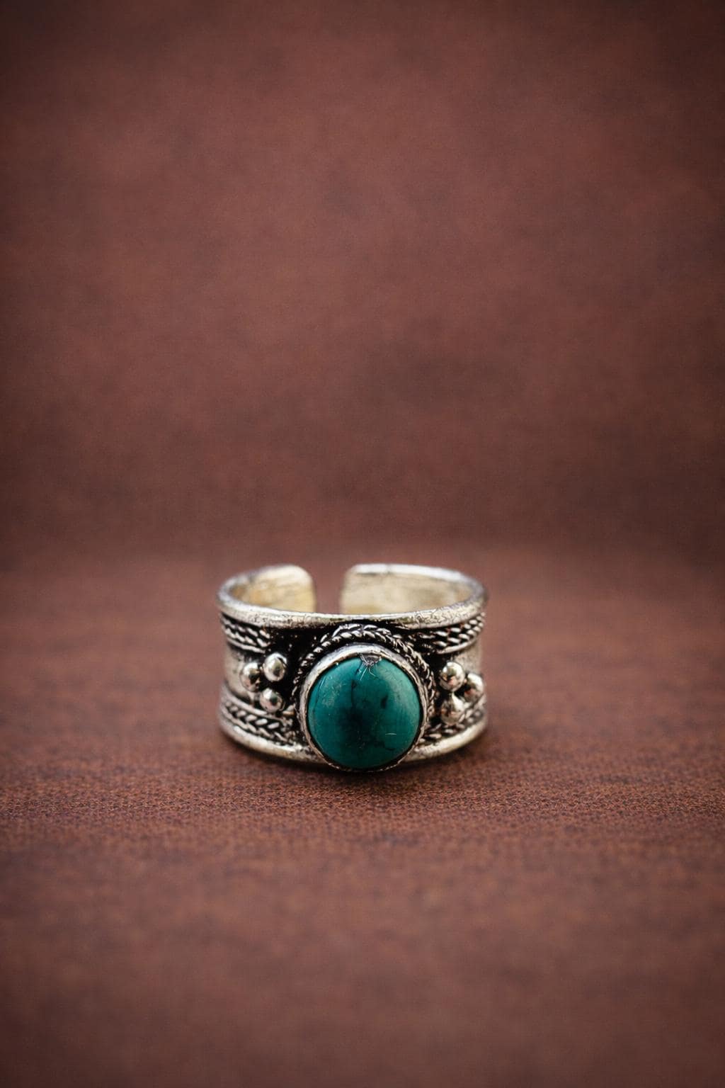 Tibetan Turquoise Ring – Adjustable Silver-Plated Copper Ring | Unisex Tibetan-Style Jewelry