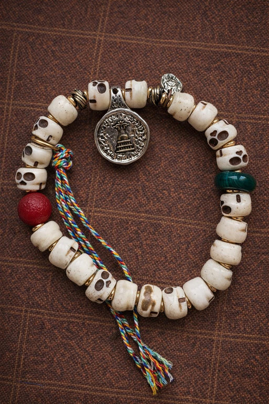 Yak Bone Skull Beaded Bracelet – Small Size | Tibetan Vintage Protection Amulet
