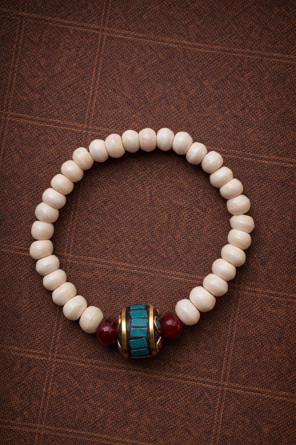 Slim Tibetan-Style Yak Bone Bracelet – Turquoise & Copper Bead Unisex Bracelet