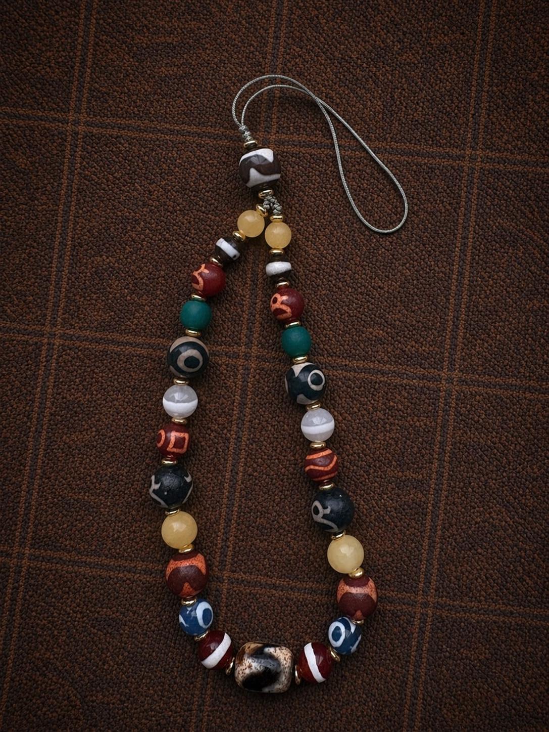 Tibetan Dzi Agate Phone Charm – Multi Gem Beaded Strap | Handmade Lucky Amulet