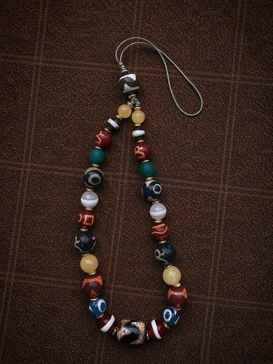 Tibetan Dzi Agate Phone Charm – Multi Gem Beaded Strap | Handmade Lucky Amulet