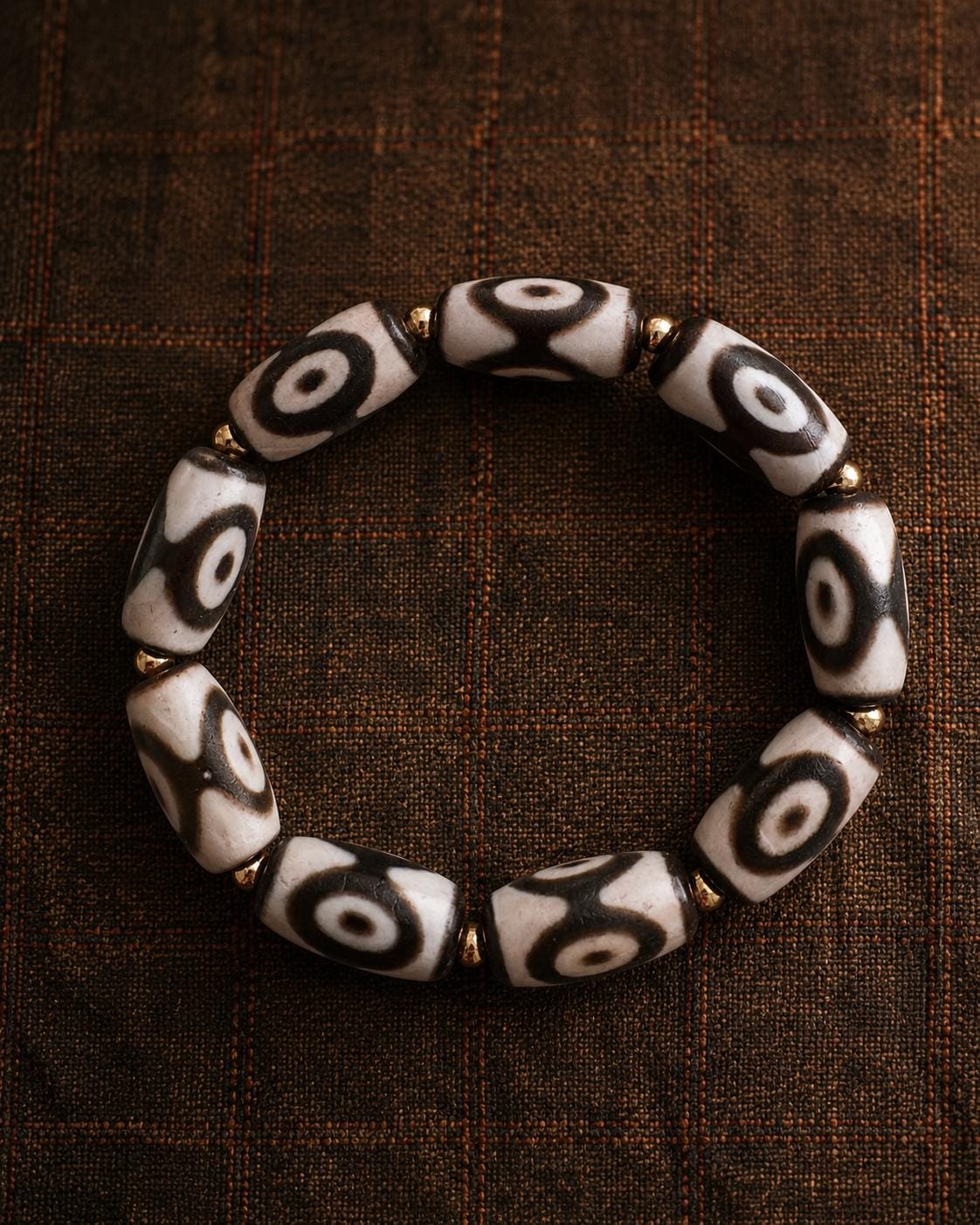 Old Agate Three-Eye Dzi Bracelet | Tibetan Style Ancient Bead Stretch Bracelet