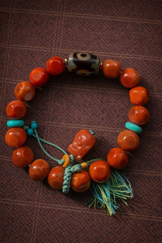 Tibetan Red Agate Bracelet with Dzi Bead & Turquoise Accent – Handmade Adjustable Wrist Mala