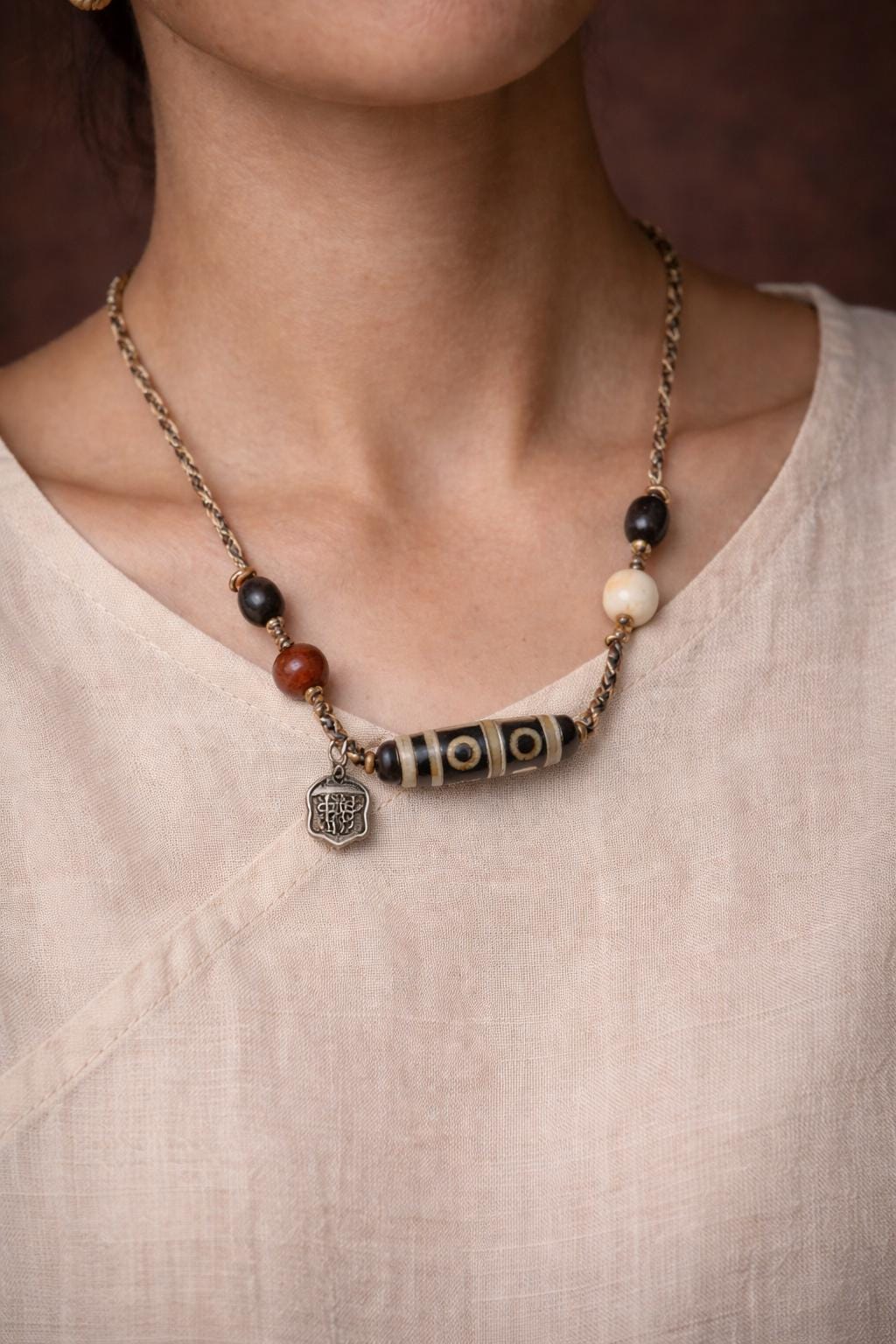 Tibetan 4-Eye Dzi Bead Pendant Necklace – Handwoven Cord Amulet | Agate Style Ethnic Jewelry