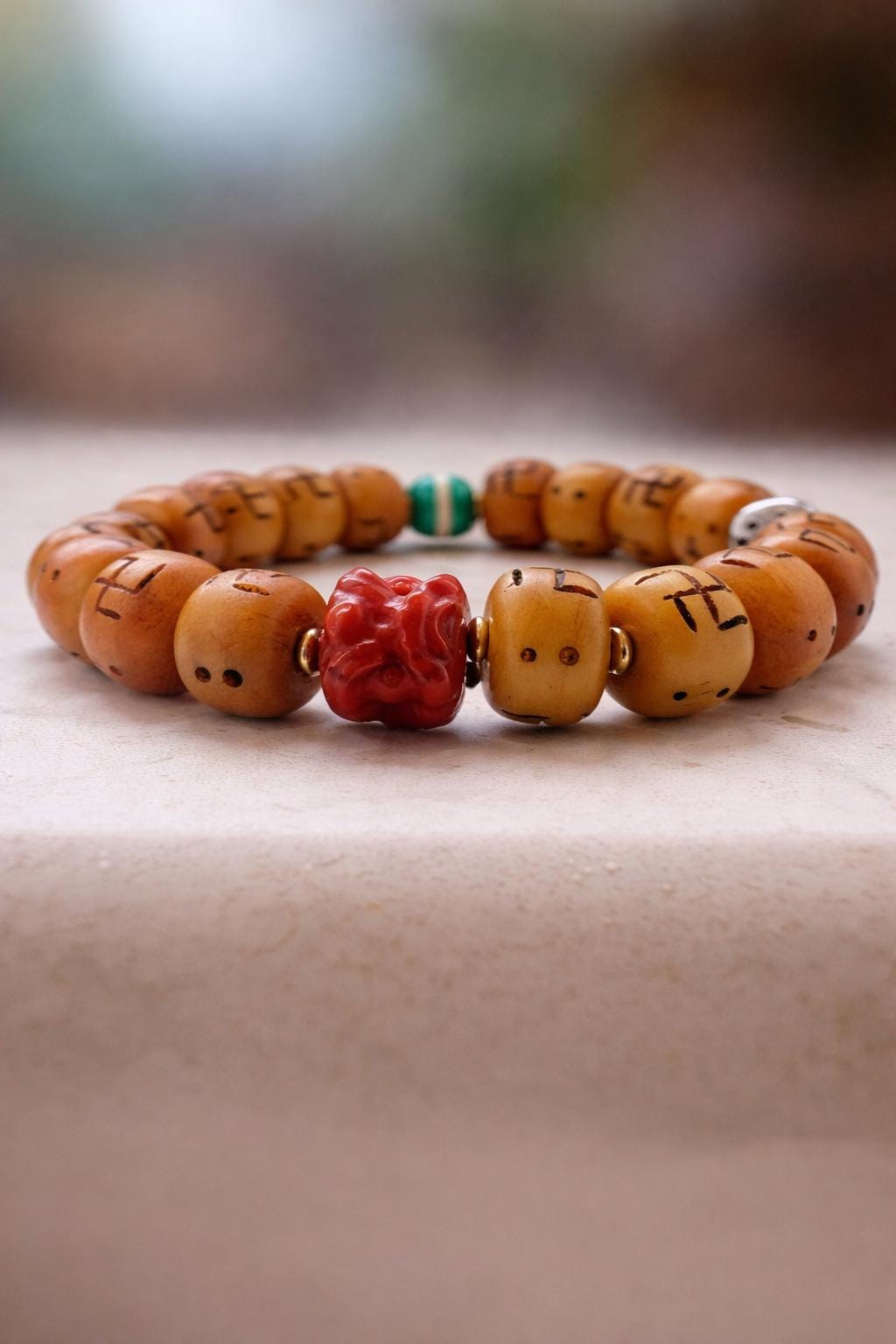 Tibetan Bone Carved Bracelet – Vintage Barrel Beads with Traditional Carved Motif | Unisex Ethnic Style