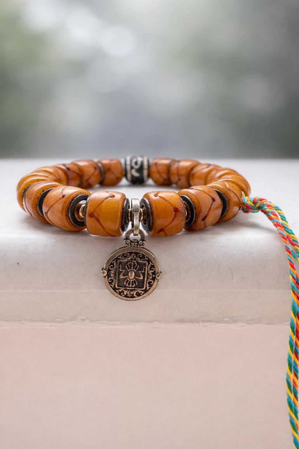Vintage Tibetan Bone Bracelet – Silver-Inlaid Barrel Beads | Unisex Antique Style
