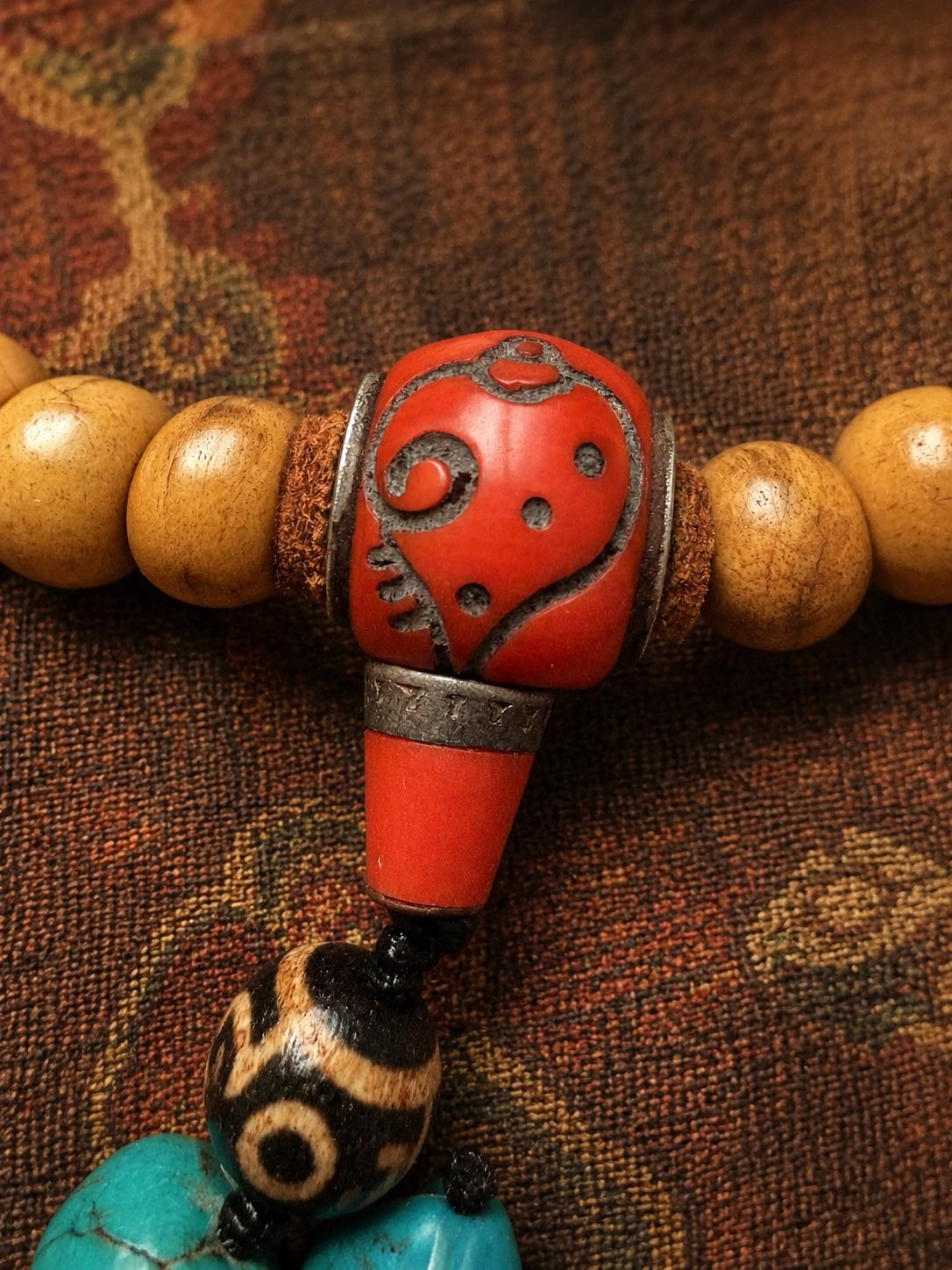Tibetan Yak Bone 108 Bead Mala Bracelet, Turquoise Agate, Boho Prayer Beads