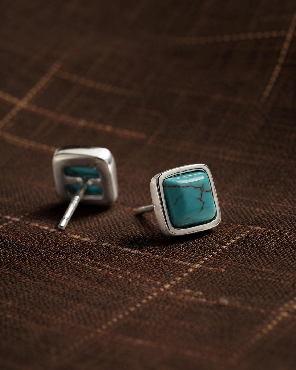 Silver Plated Turquoise Stud Earrings, Vintage Tibetan Style Boho Jewelry