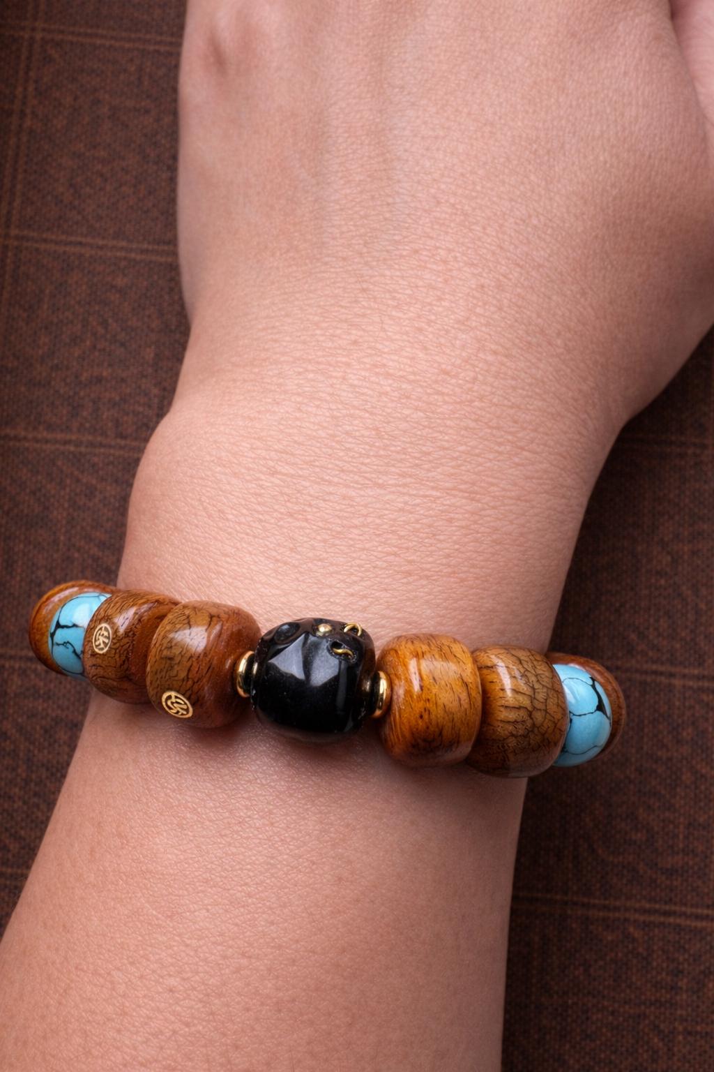 Two Turquoise Beads Tibetan Yak Bone Bracelet – Vintage Barrel Beads with Brass Inlay