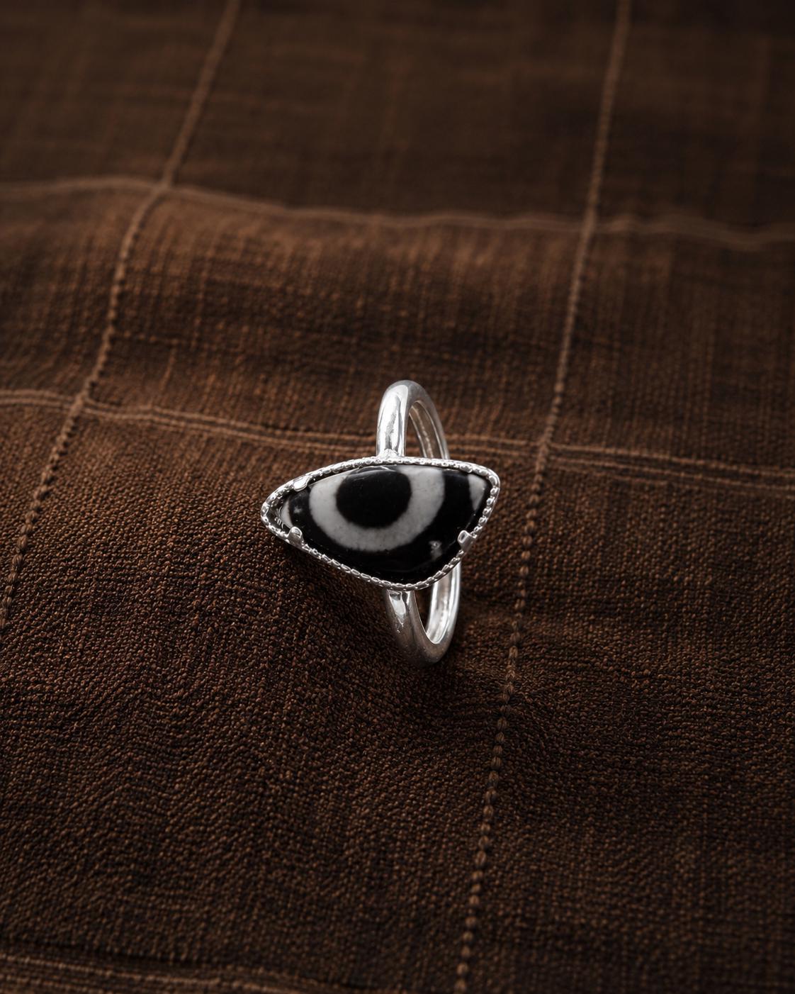 Tibetan Dzi Bead Adjustable Ring, Black White Eye Agate Ring, Silver Plated Boho Jewelry