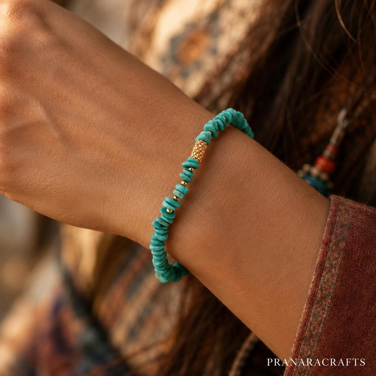 Natural Turquoise Nugget Bracelet, 18K Gold Plated Beads, Tibetan Inspired Handmade Bracelet