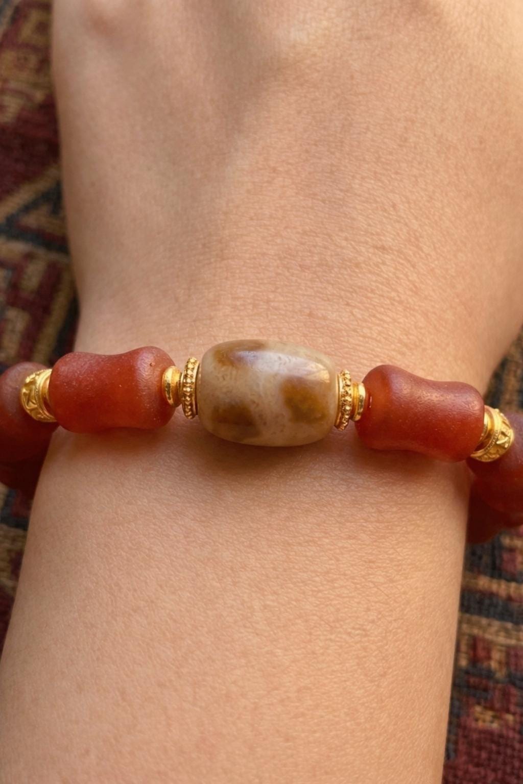 Handmade Red Agate Bracelet with Dzi Bead and Turquoise – Tibetan Style Beaded Jewelry