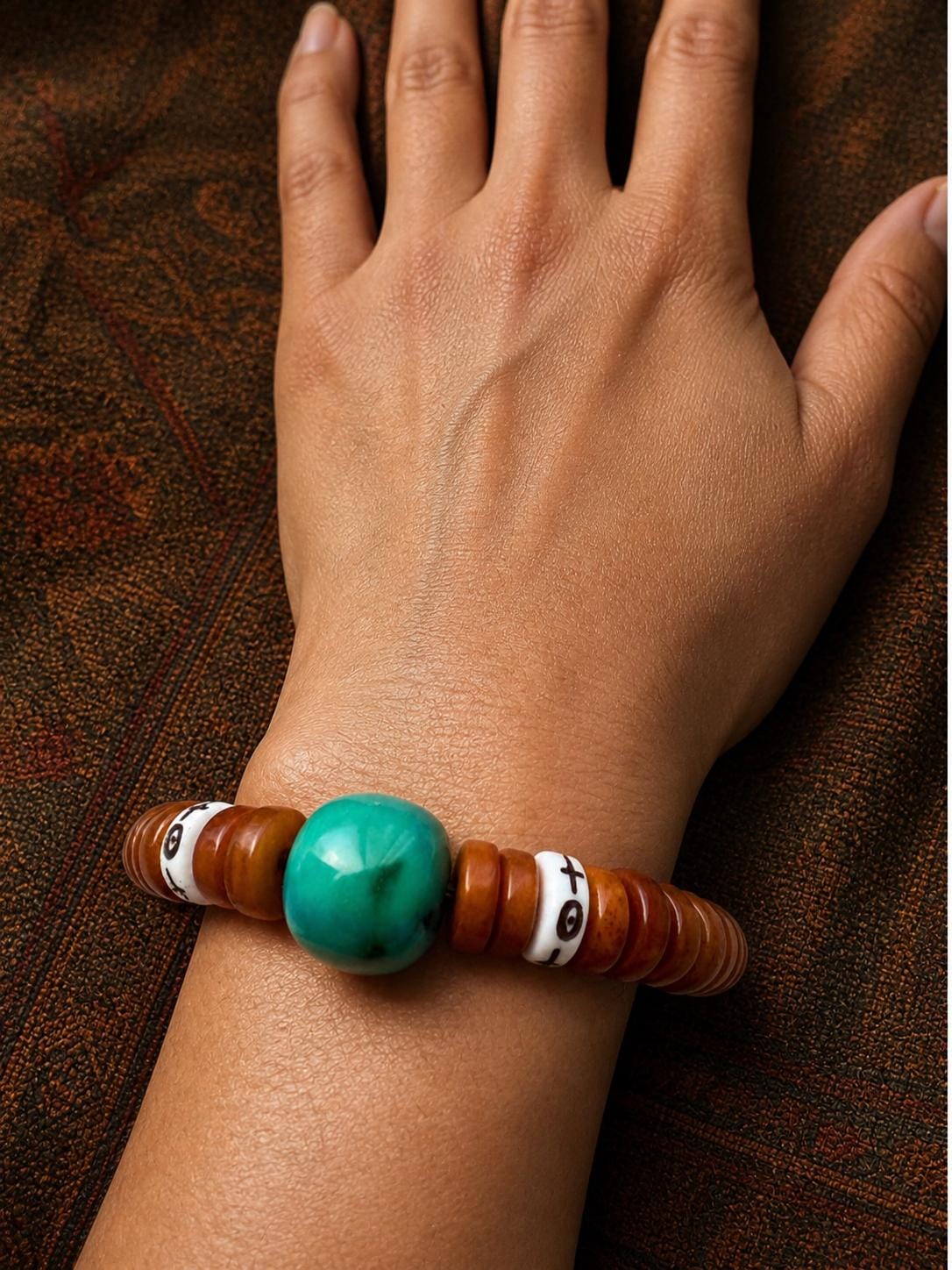 Tibetan Bone Tablet Bead Bracelet with Turquoise | Ethnic Style Handmade Jewelry