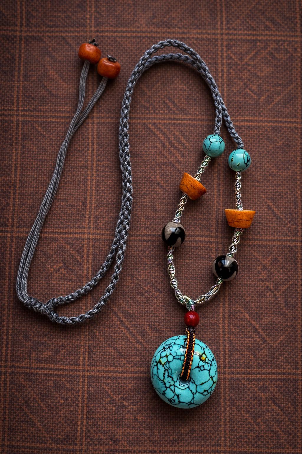 Turquoise Handwoven Necklace | Tibetan Inspired Vintage Ethnic Pendant