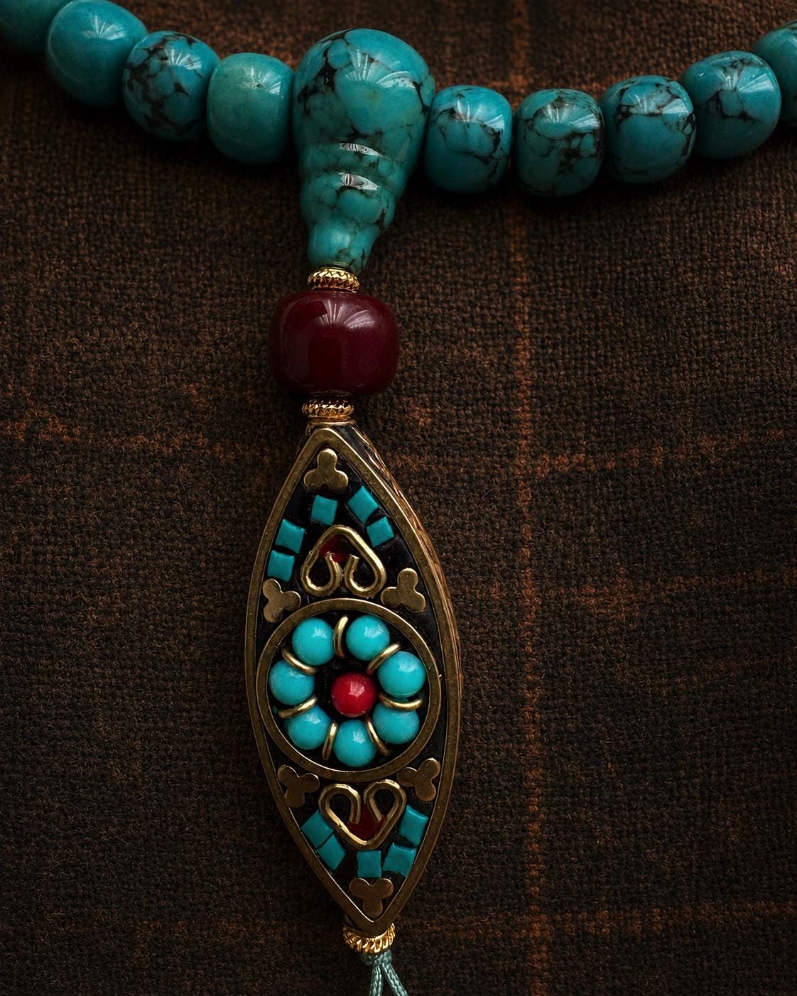 Tibetan Turquoise Beaded Necklace | Vintage Ethnic Pendant Charm