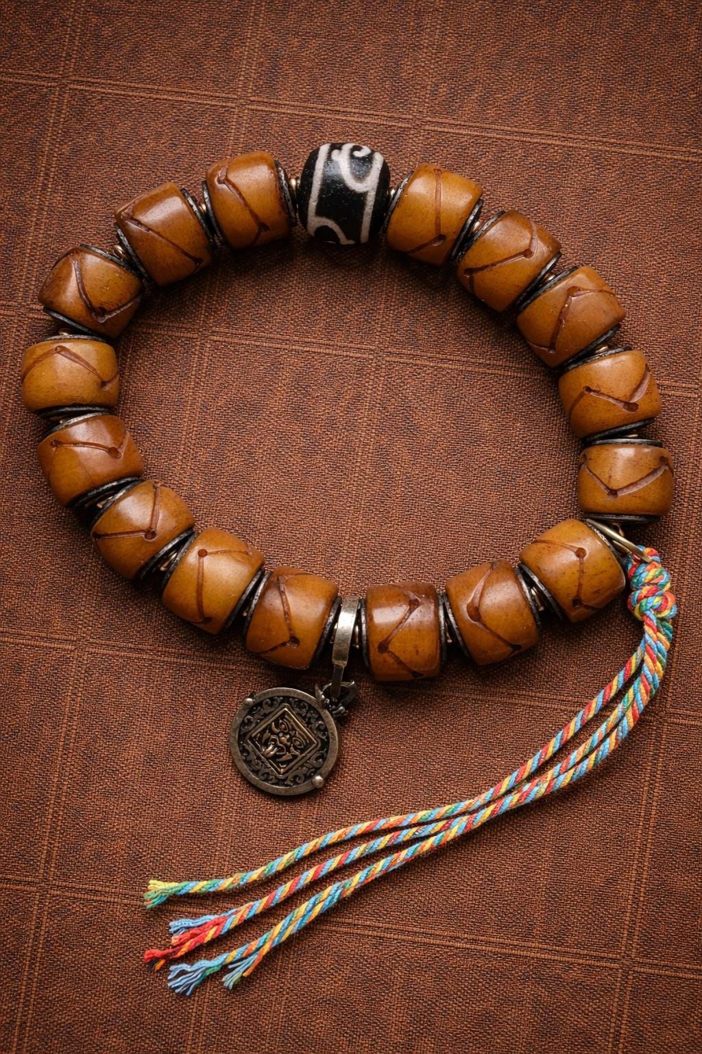 Vintage Tibetan Bone Bracelet – Silver-Inlaid Barrel Beads | Unisex Antique Style