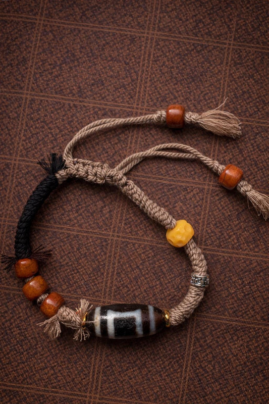 Handmade Tibetan Two-Eye Dzi Bead Braided Rope Wristband, Meditation Gift for Men & Women